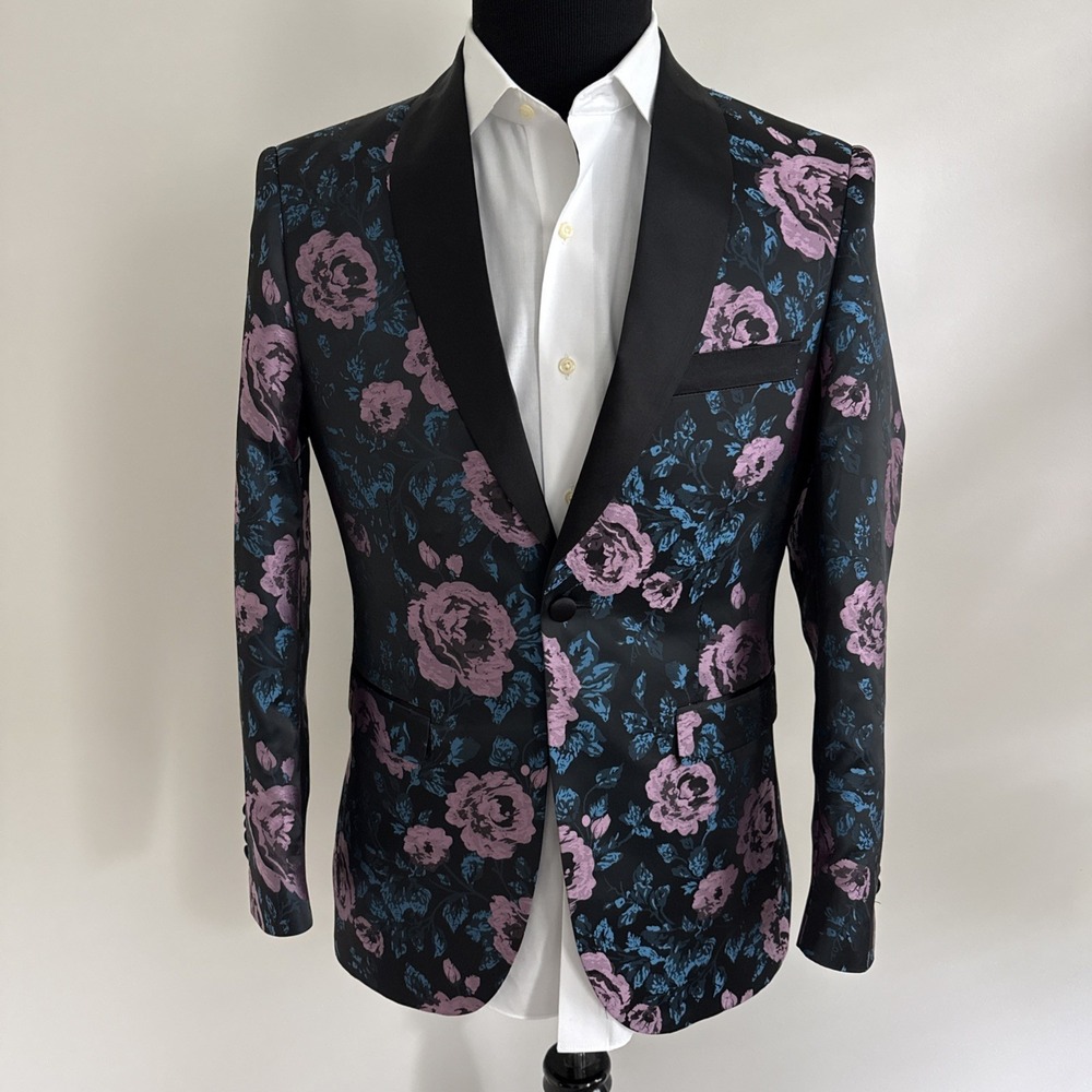 Kilburne Finch Tuxedo Jacket Mens 38R Purple Floral Blue Blazer Wedding
